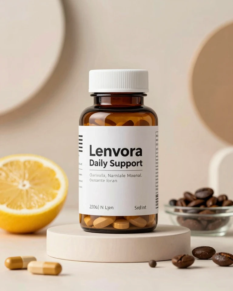 Lenvora daily support formula bottle with amber-toned packaging